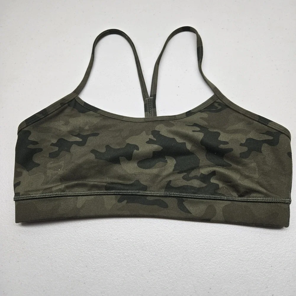 Lululemon Women Sports Bra 8 Green Flow Y Camouflage Wireless Pullover READ